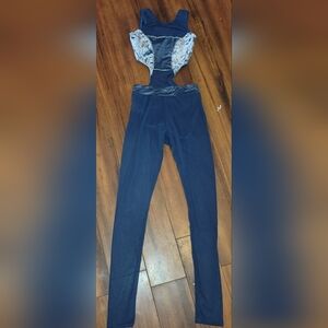 Reverence Navy Sheer Dance Unitard With Cut Outs Velvet & Rhinestone Details